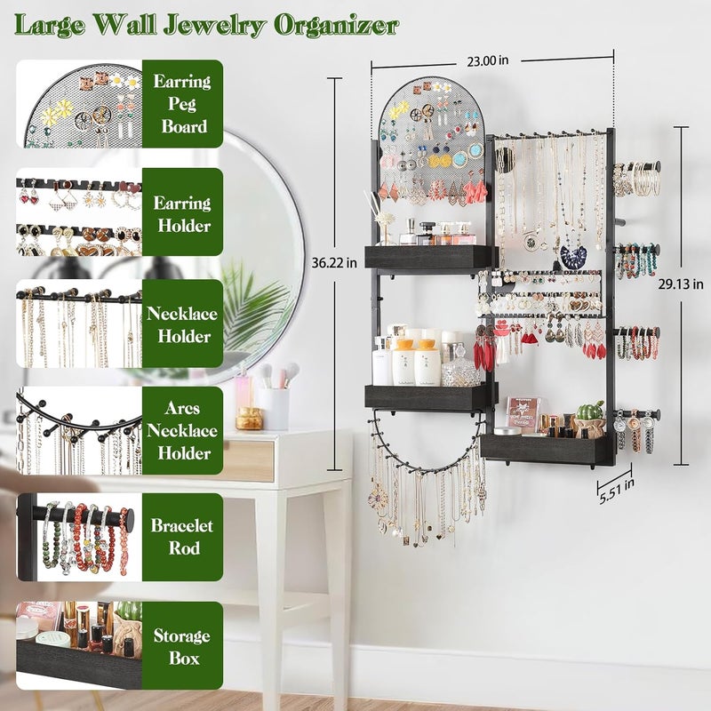 Keebofly Wall Mount Hanging Jewelry Organizer - Large Display Holder for Earrings, Rings, Necklaces, Bracelets, Watches and Perfume - Black - Image 3
